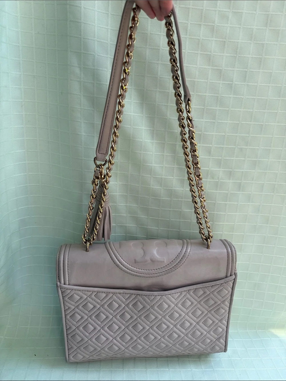 Tory Burch Taupe Leather Fleming Convertible Bag with Tassel and Gold Hardware